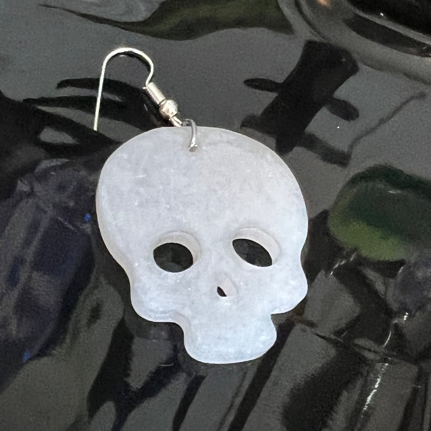 Handmade Pearlised Glitter White Skull Resin Earrings - Pair