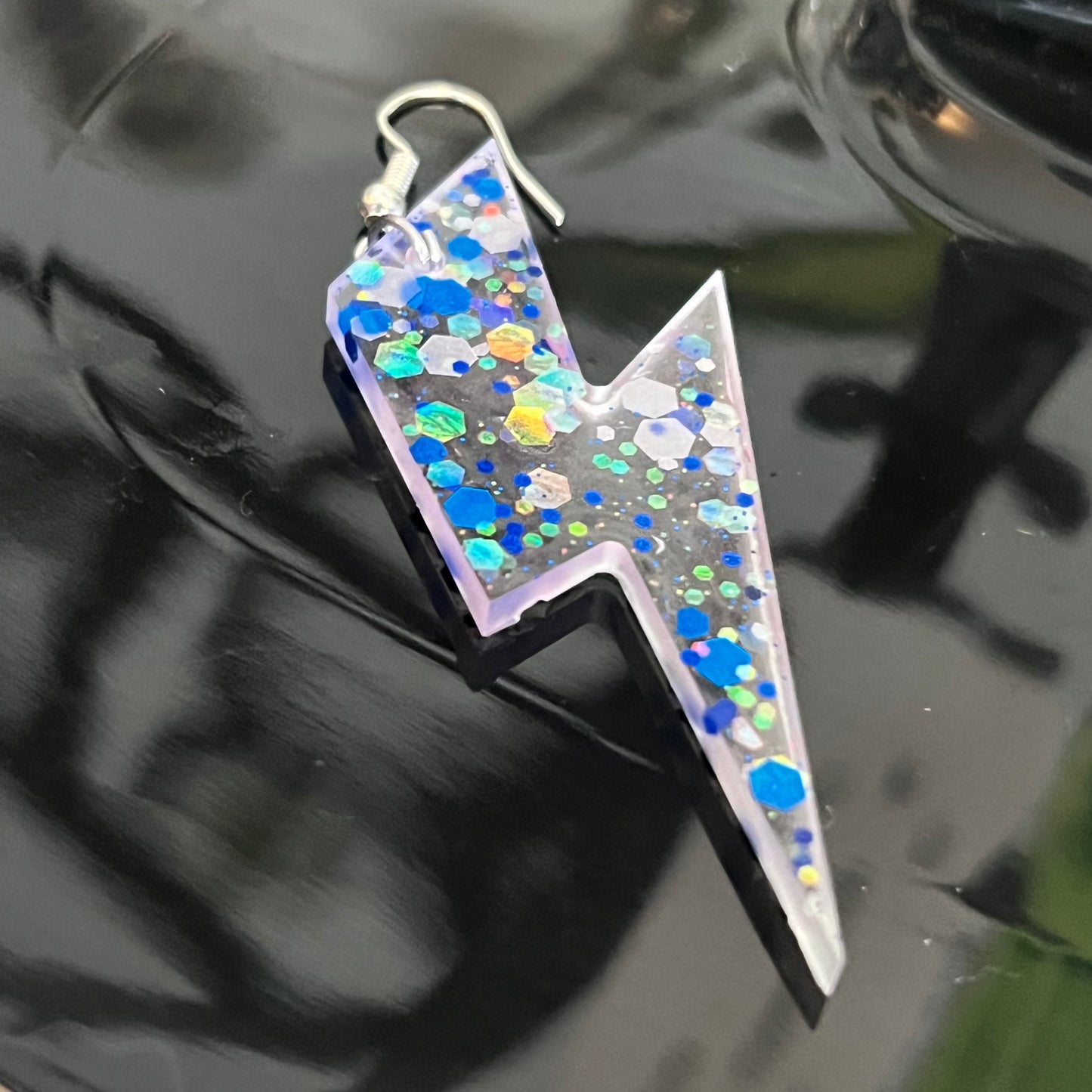 Handmade Blue Glitter Clear Lightening Bolt Resin Earrings - Pair
